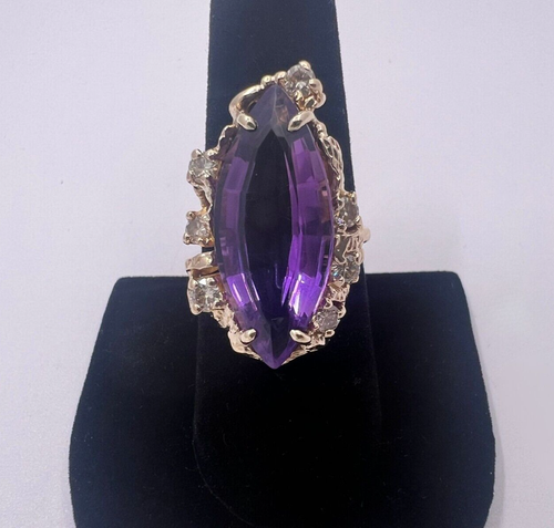 Vintage Amethyst & Diamond Gold Ring 14KYG - Picture 4 of 12