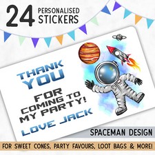 24 Personalised SPACE MAN Birthday Stickers, Thank You Stickers Party Bags Cones