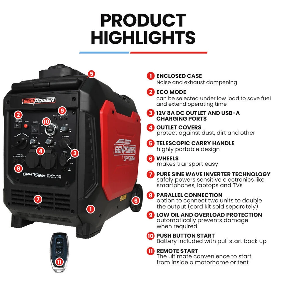 GENPOWER 4.7kW Peak 3.8kW Inverter Generator Push Button & Remote Start Camping - image 2 of 4