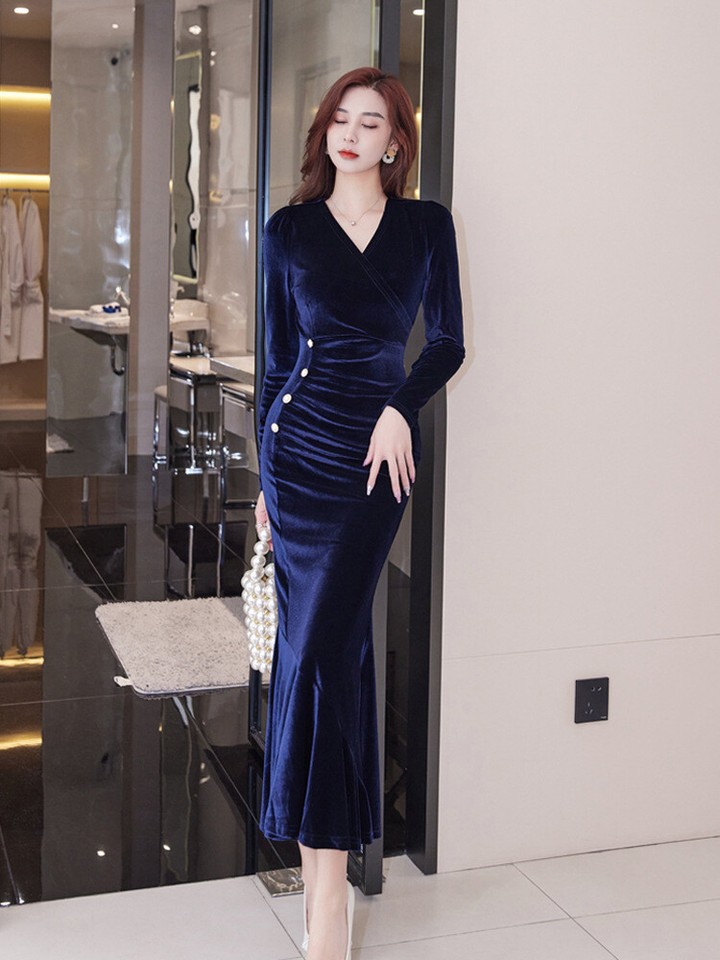 Cocktail Dresses for Women Evening Party Size 08 Blue Long Sleeve Midi