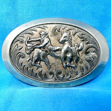 Steer Wrestling Cowboy Belt Buckle Western Rodeo Scroll Vintage 80s   .MMR281