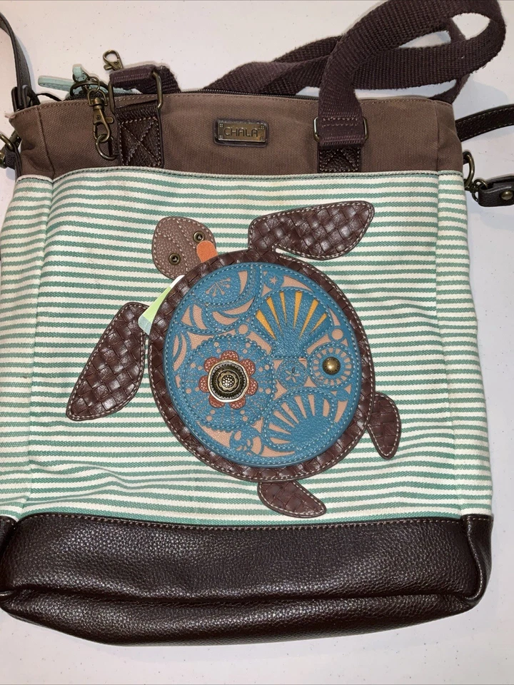 Bolso de Mano Tortuga Chala Grande Bolso para Mamá Bolsillos Compartimentos Algodón Cuero Foto 2 de 4