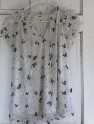 Tamara H. Top Floral Butterfly Blue Womens L Flutter Cap Sleeve Fairycore Whimsy