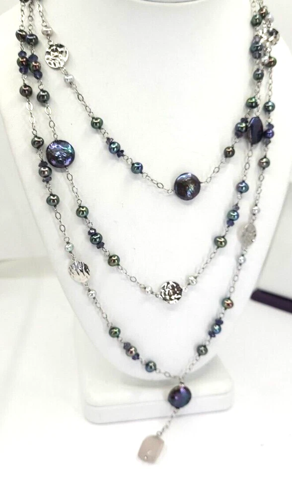 Collar de 3 hebras de cuarzo rosa perlas de pavo real Armen Vandepetyan VAR