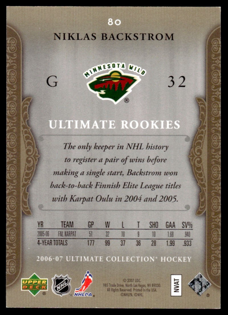 2006-07 Upper Deck Ultimate Collection ROOKIE Niklas Backstrom Rookie /699 - Picture 2 of 2