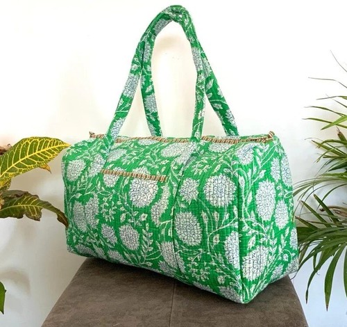 Green Floral 100% Cotton Duffle Bags Quilted Fabric Weekender Overnight Bag