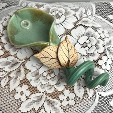 Pottery Barn Green Ceramic Floral Incense Matches Holder Dish Leaf Accent Decor