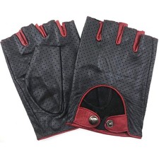 Mens Soft and Breathable Fingerless Leather Driving Gloves Black Red-Premium ...