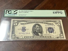 1934 D $5 Dollar Wide 1 - 64 PPQ fr.1654 pcgs