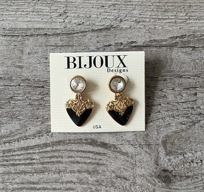Vintage Bijoux Designs Gold Tone Black Enamel & Rhinestone Earrings  Made in USA