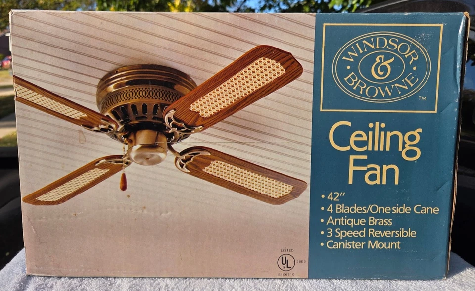 Vintage Ceiling Fan Windsor & Browne Brass One Side Cane Wicker 850 Sealed NOS - Image 3 of 4