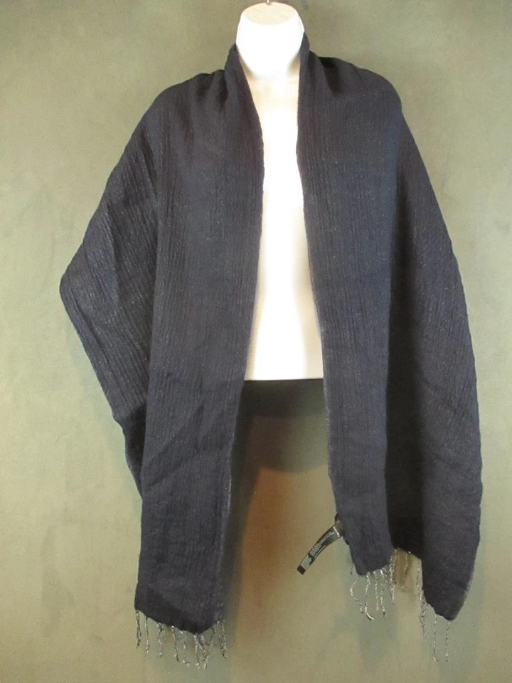 Eileen Fisher Scarf Wrap Shawl Womens One Size Navy Wool Linen Fringe Textured - Image 3 of 4