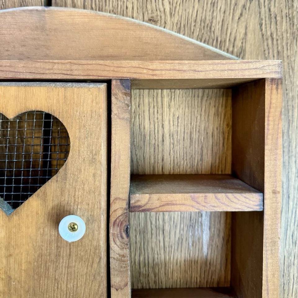 Vintage Handmade Wooden Wall Shelf with Heart Door & Pegs Rustic Country Decor - Image 4 of 4
