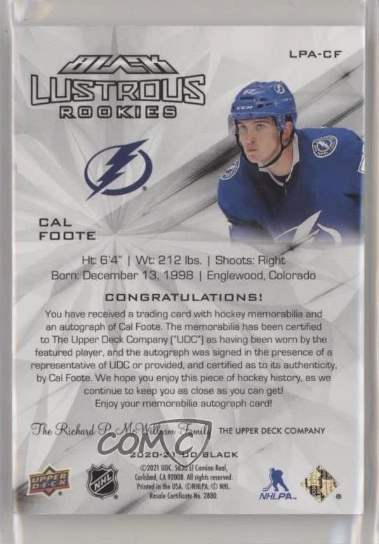 2020-21 SPx UD Black Lustrous Rookies Clarity /15 Cal Foote RPA Patch Auto RC - Image 2 of 2