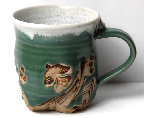 Stoneware Art Pottery Green/Brown Clay Carved Bird Hand Made Coffee Mug