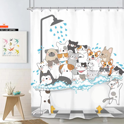 Lustiger Duschvorhang Katze und Hund Kinder Cartoon niedliche Haustiere Badewanne Regen Show