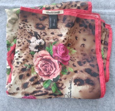 Roberto Cavalli Multicolored Leopard & Rose Floral Animal Print Silk Scarf Wrap