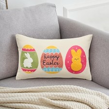 Happy Easter Pillow Cover 12x20 Inch Colorful Embroidery Easter Bunny Egg