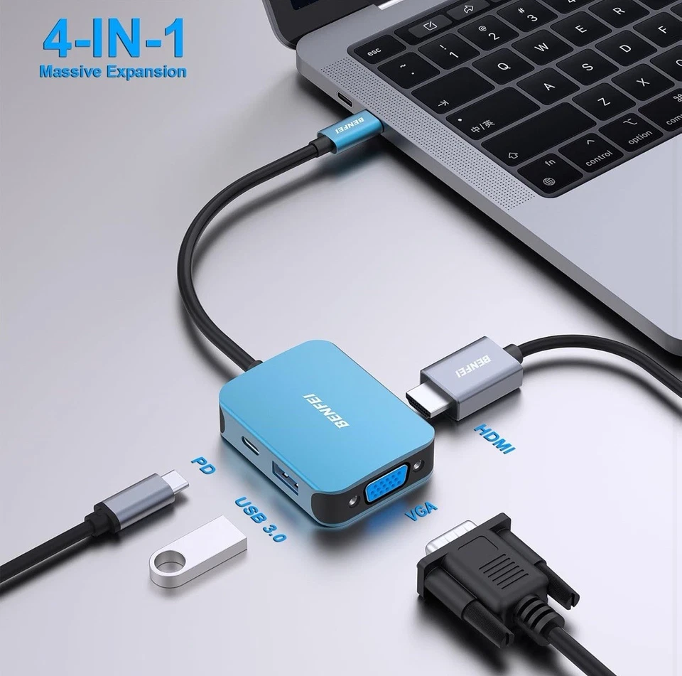 USB C HUB 4-In-1, USB Type-C to HDMI VGA Adapter, USB C to USB Adapter, USB Type - Image 2 of 4