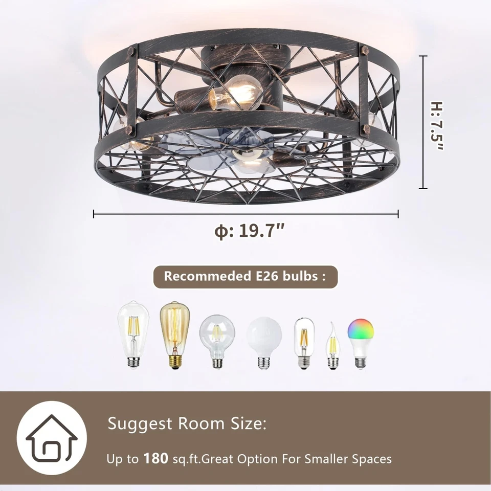 20 in Flush Mount Bladeless Ceiling Fan with Lights | Remote, 4-Speed, Rustic... - Image 3 of 4