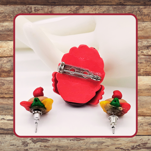 Handcrafted Polymer Clay Turkey Brooch & Earring Set – Thanksgiving Fall Jewelry - Afbeelding 3 van 6