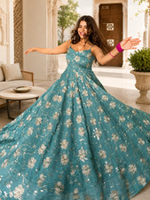 Women Blue Floral Sequin Anarkali Gown Set Wedding Party Ethnic Dress