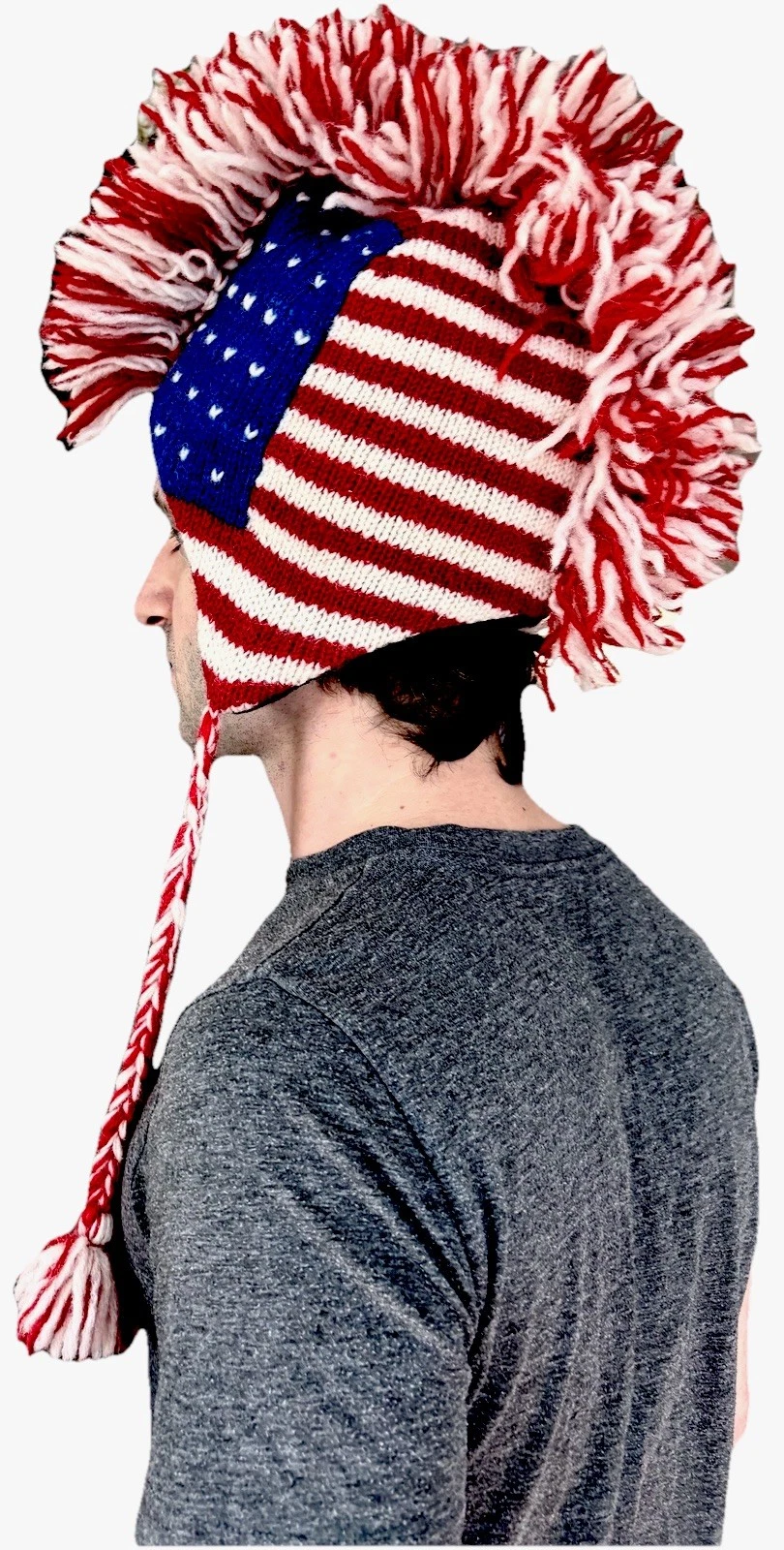 Nepal Mohawk Winter Ski Hat Cap 100% Wool Fleece Lining Red Blue White & Blue ❤️