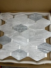10-Sheet Grey Marble Long Octagon Peel and Stick Backsplash, Faxu Stone PVC M...
