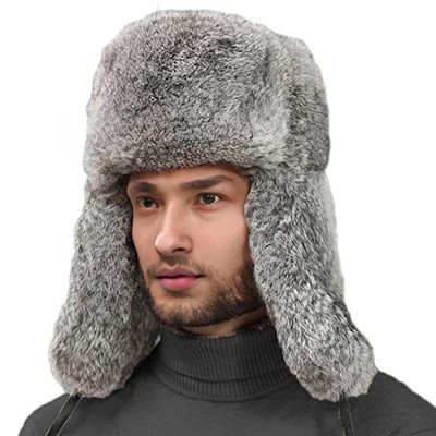  Mens Fur Hat Rabbit Fur Russian Ushanka Hats Earflap Trapper Hat 3X-Large Gray