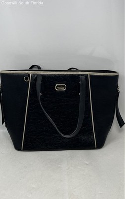 Victor Hugo Womens Black Monogram Embossed Leather Double Handle Tote Handbag