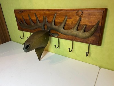 Holz-Metall Garderobe E l c h k o p f mit Geweih Jäger-Style