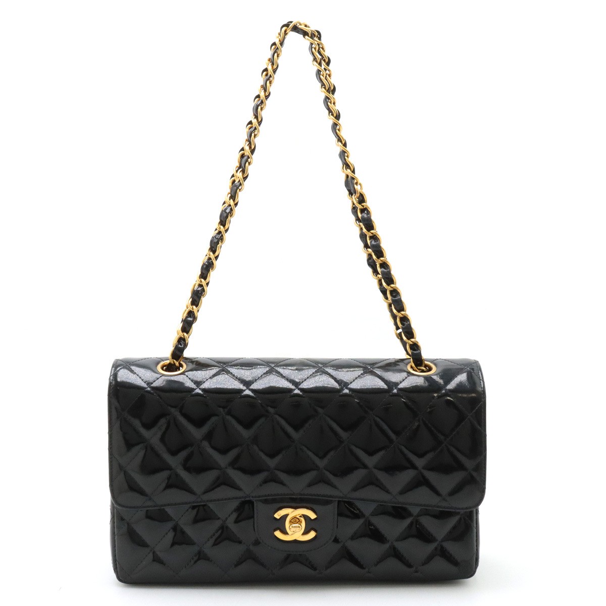 CHANEL Matelass 25 Coco Mark W Chain Shoulder Bag Patent Leather Enamel Black Go