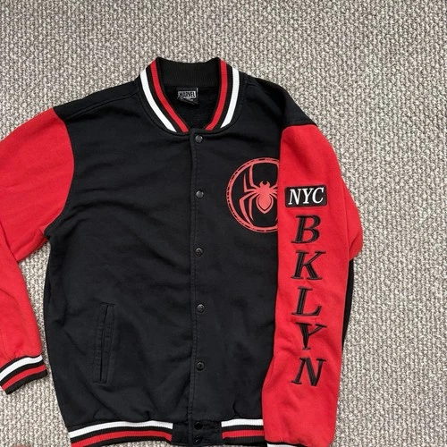 Marvel Spider-Man Varsity Jacket NYC Brooklyn Red Black Snap Front Size Medium - product listing photo
