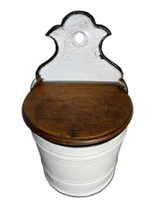 Antique Salt Box Salt Cellar Hanging Enamel Box Wooden Lid Made in Germany