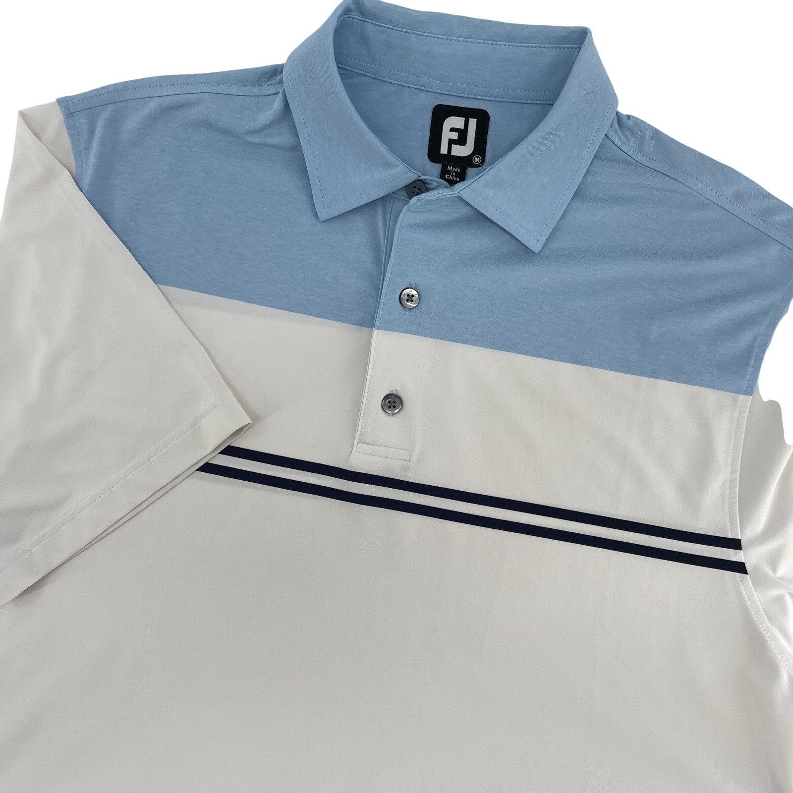 FJ FootJoy Mens Golf Polo Shirt Light Blue White Stripe Short Sleeve Size M