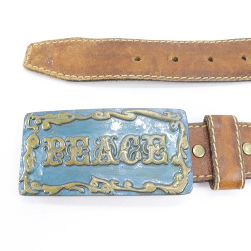 AJ Dezy Denver Belt L Buckle Brass Peace Blue Enamel Edged Leather Strap Adjust - Picture 8 of 22