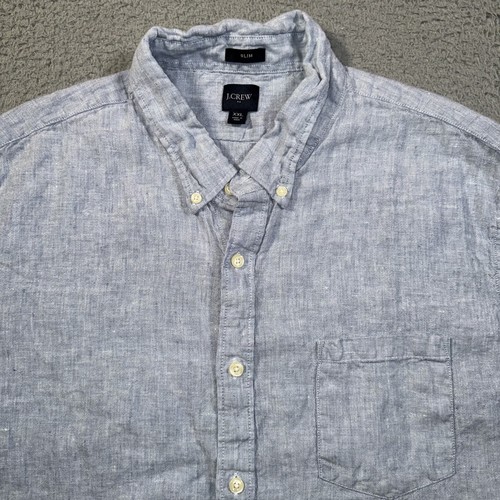 J Crew Shirt Mens 2XL Blue Short Sleeve Slim Linen Blend Button Down - Picture 2 of 10