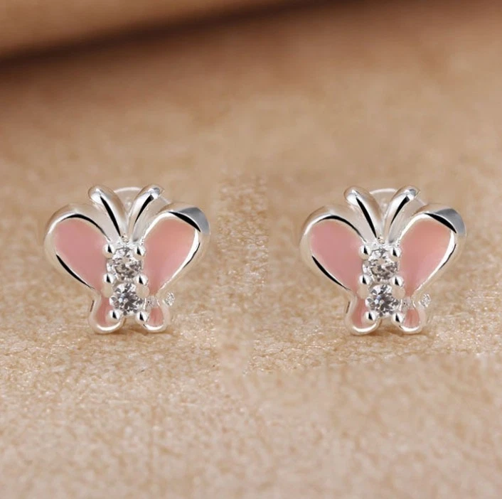 Серебро синий розовый эмаль кубический цирконий 7 мм бабочка Серьги-гвоздики K13A - Изображение 2 из 4
