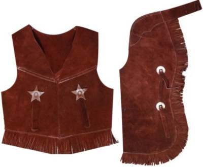 Youth kids size LEATHER CHAPS & VEST SET w/ Fringe Silver conchos Brown or Black