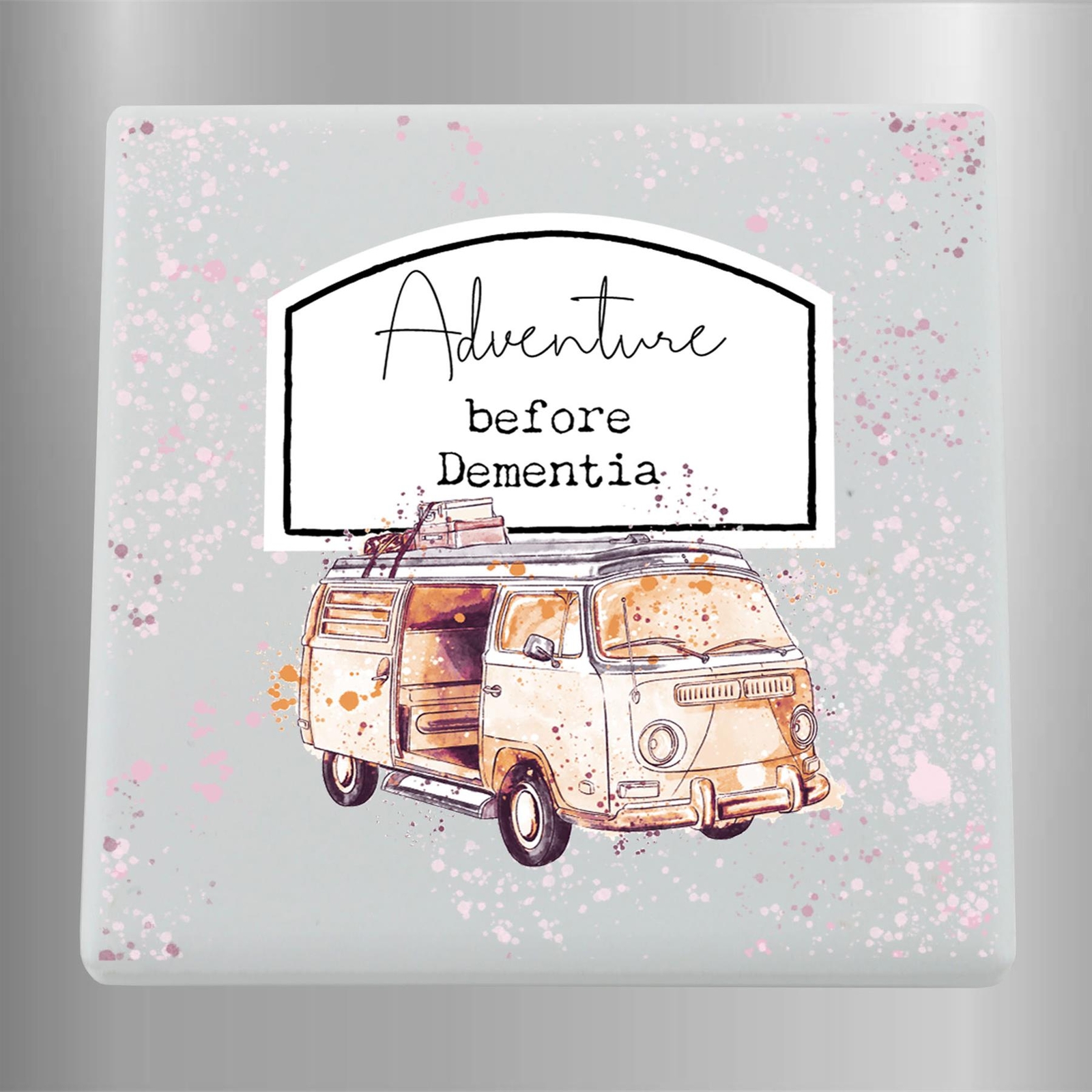 Adventure Before Dementia Orange Watercolour Campervan Ceramic Square Magnet