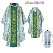 Metallic GREEN Gothic Collar Vestment & Stole set, Gothic Chasuble, Casulla, NEW