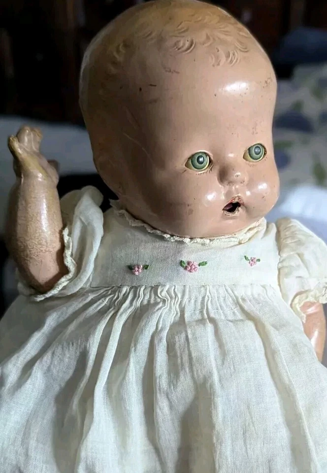 Antiguo Horsman Composición Bebé Muñeca 15" Tela Cuerpo Dormir Ojos Años 30 Dientes Foto 3 de 4