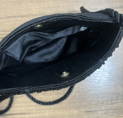 HATO HASI BLACK SATIN BEADED EVENING BAG SHOULDER BAG CORD STRAP - Picture 7 of 10
