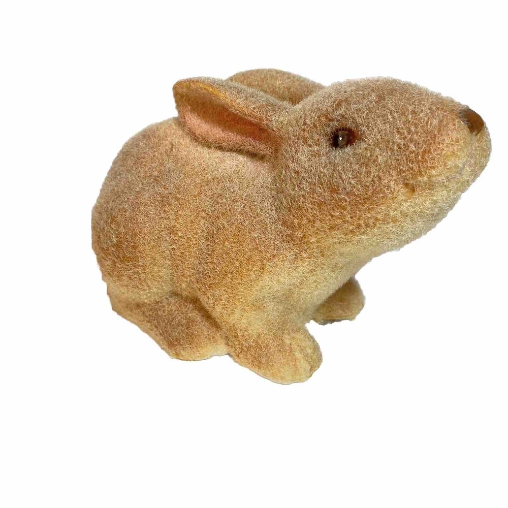 Ceramic Flocked Fuzzy Rabbit Figurine Golden Brown Vintage Bunny Easter 6” Decor