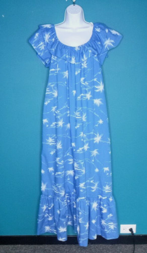 Vtg 80s Hilo Hattie Hawaiian MuuMuu Maxi Dress Blue W/ Palm Treen Sz L