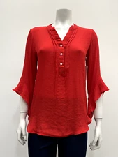 Counterparts Womens solid notch neck 3/4 ruffeled sleeve pleated Blouse