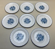 Vintage Corelle Blue Velvet Rose 7 1/4" Salad Plates With Swirl Rim - Set of 8