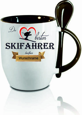 Löffeltasse m. Wunschname '' Die besten Skifahrer heißen (Wunschname)  ''