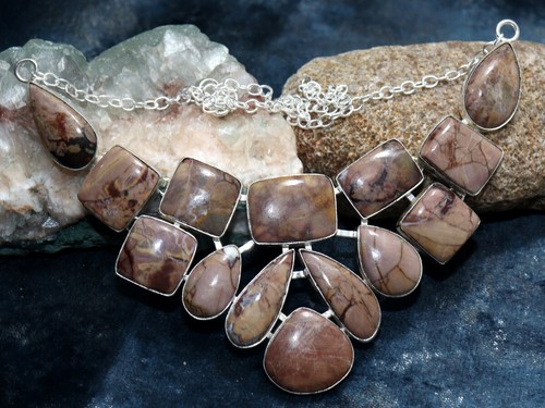 Butterfly Jasper 925 Silver Plated Big Cluster Necklace 18" Aesthetic GW