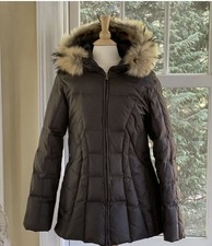 ANDREW MARC COAT PUFFER Jacket Quilted  BROWN GOOSE DOWN Women Sm FUR TRIM HOOD